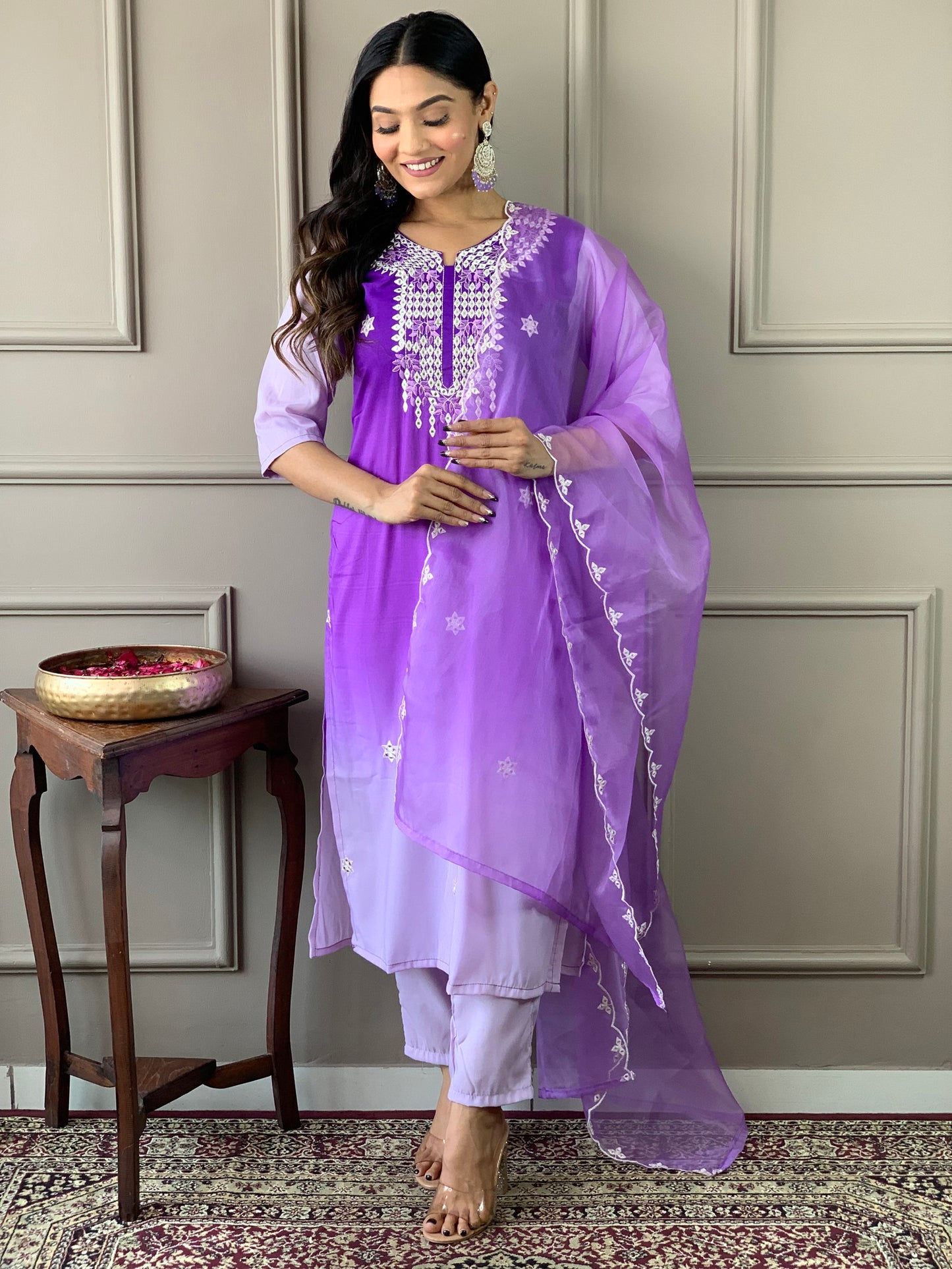 Women Straight Embroidered Kurta with Bottom and Dupatta Dropshipera
