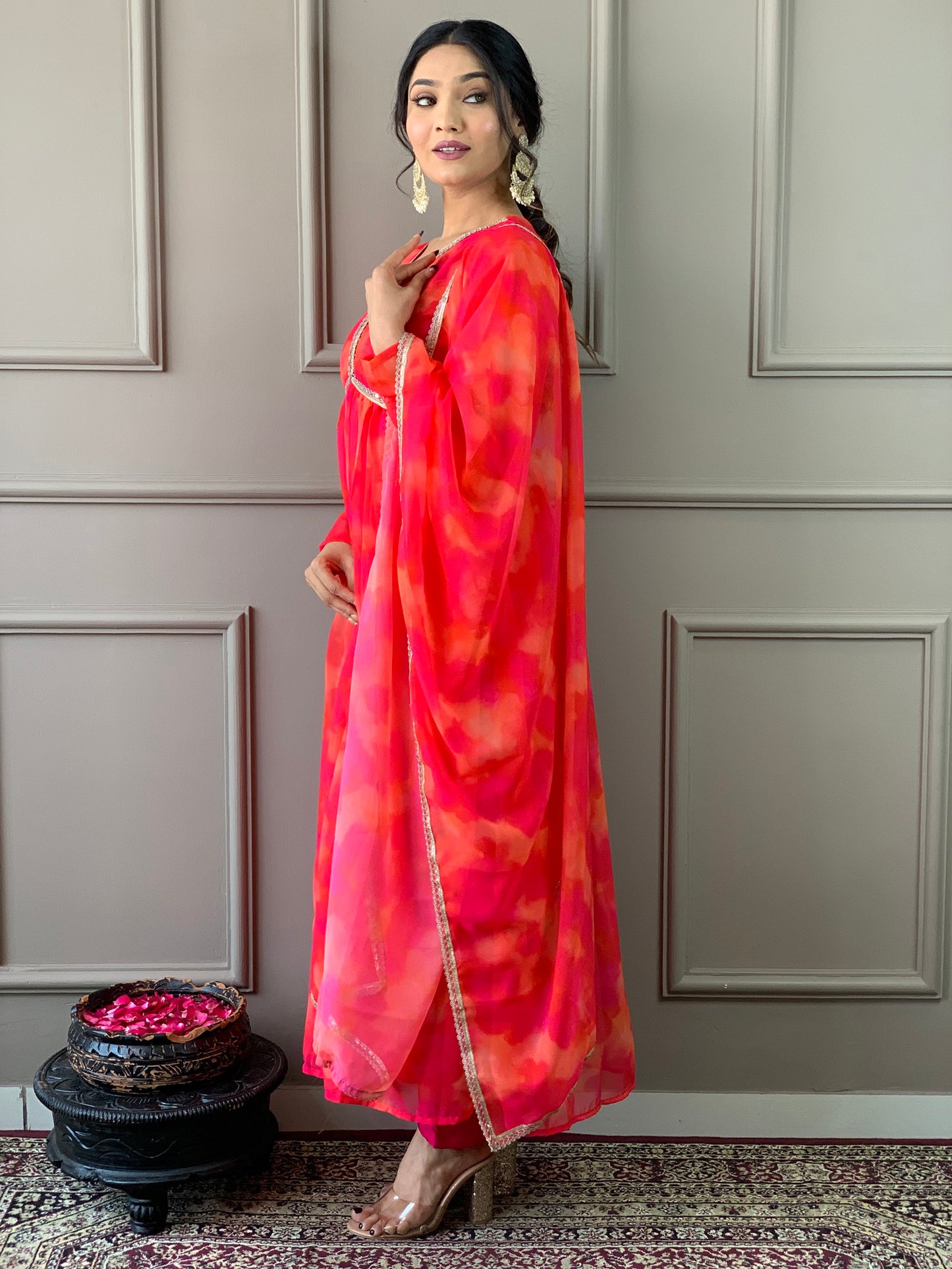 Women Anarkali Printed Kurta Pent Set with Dupatta Dropshipera