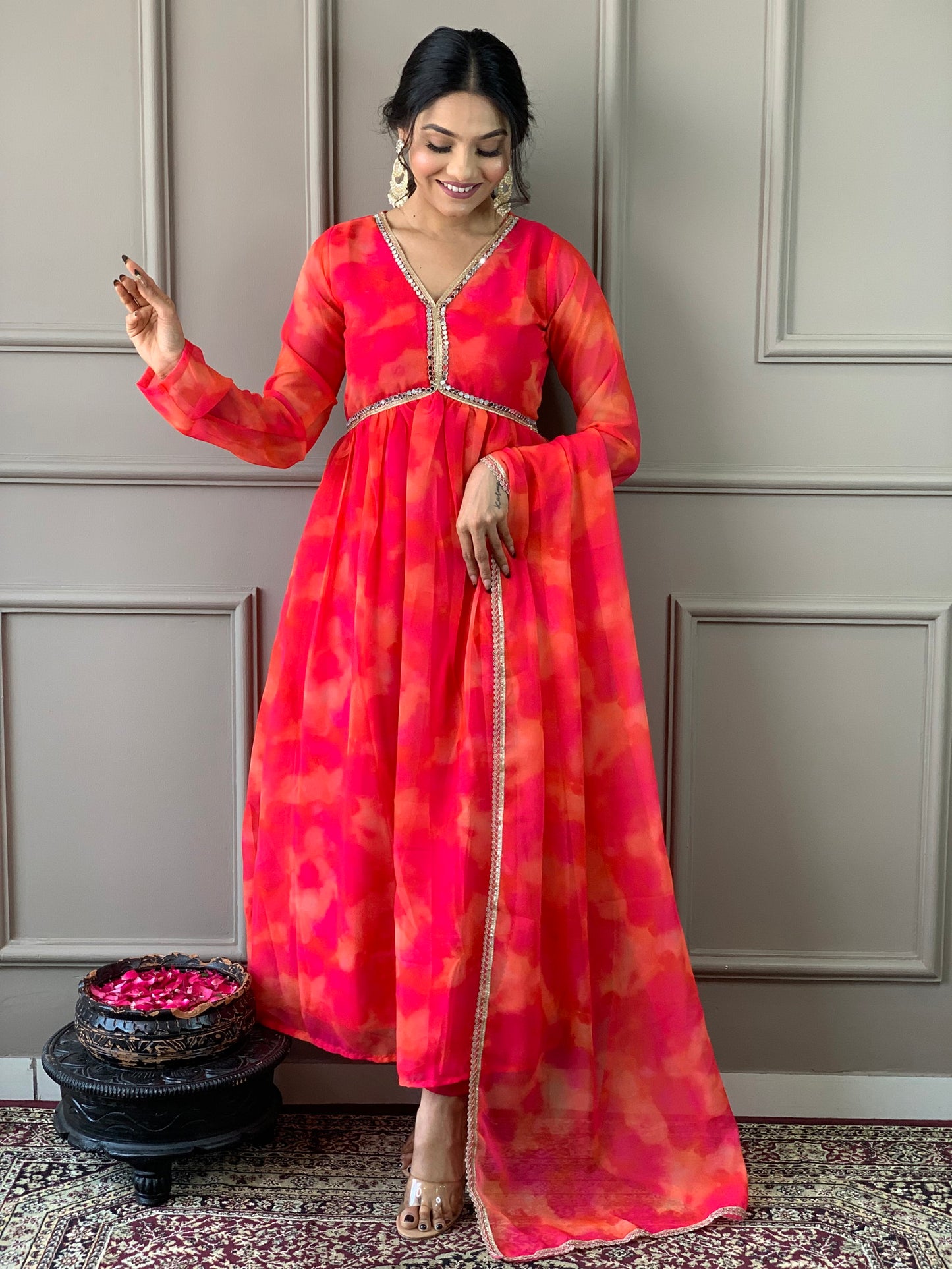 Women Anarkali Printed Kurta Pent Set with Dupatta Dropshipera