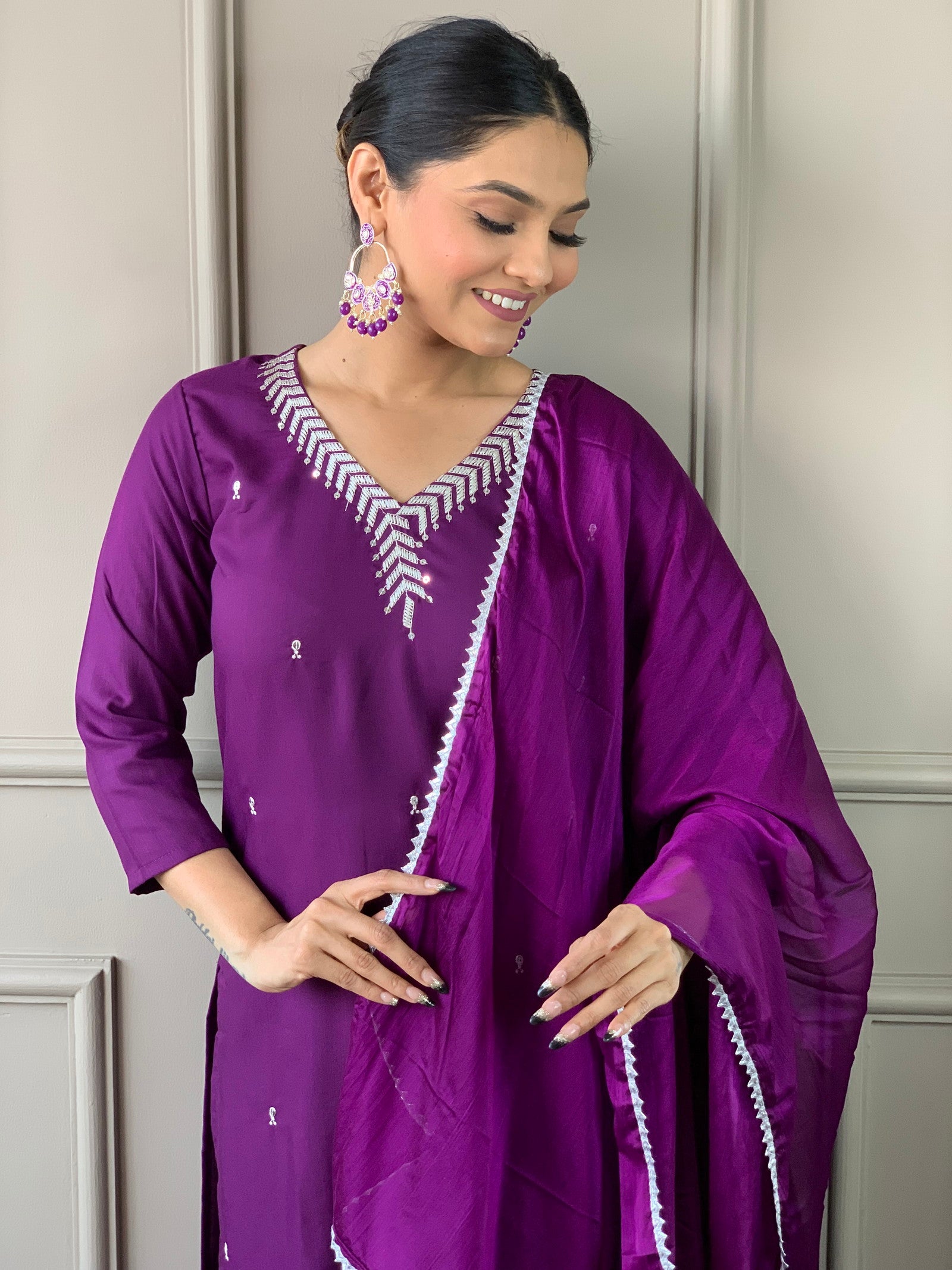 Rayon Sequence Worked Straight Kurta with Bottom and Dupatta Set Dropshipera