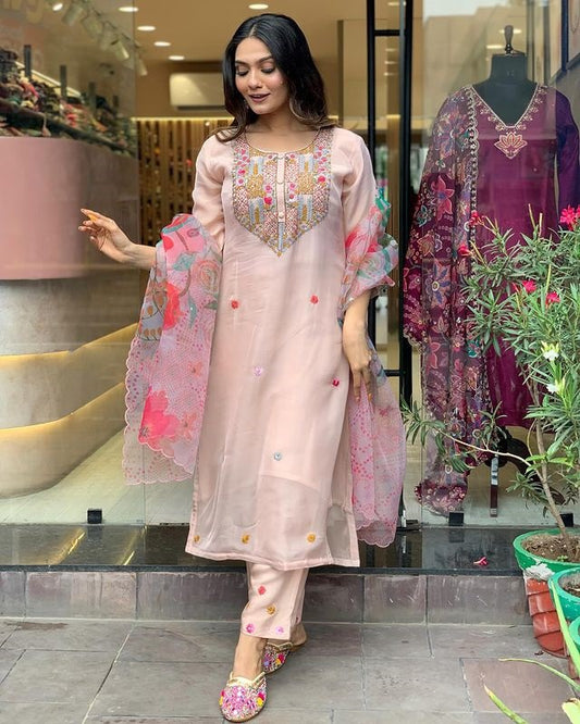 Peach Heavy Kurta Set With Organza Dupatta Dropshipera