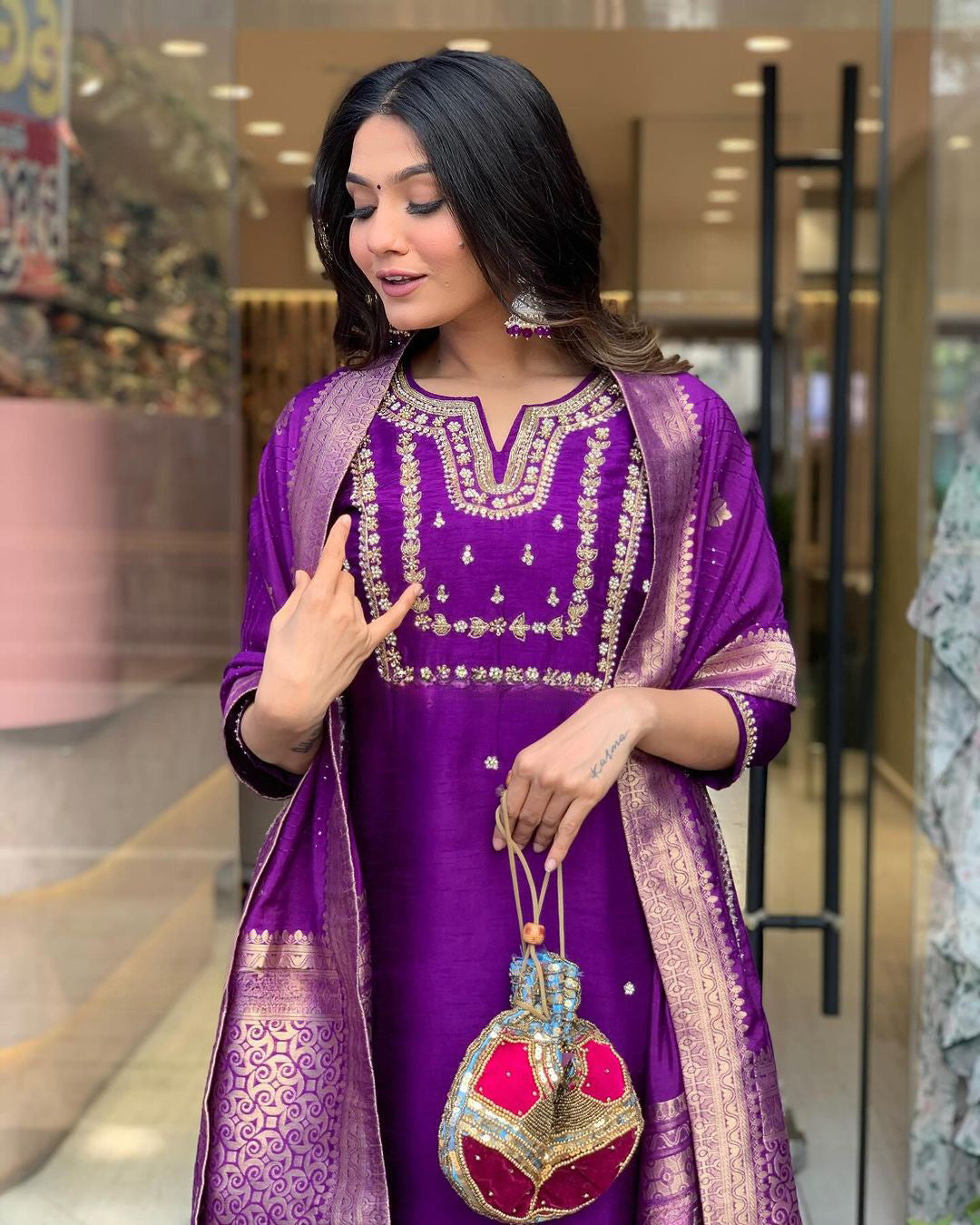 Designer Pure Viscose Jacquard Kurta With Pant And Heavy Dupatta Dropshipera