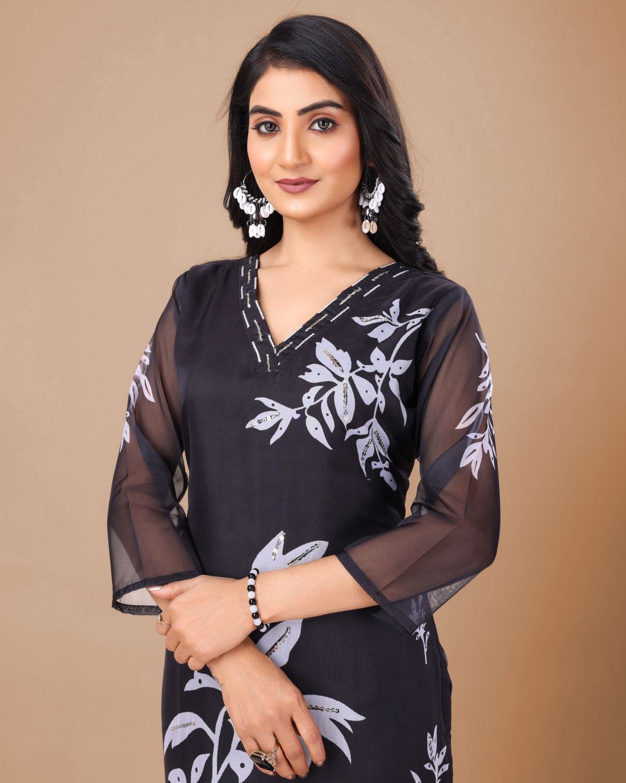 Floral Design Black Kurta Set with Bottom and Dupatta Dropshipera