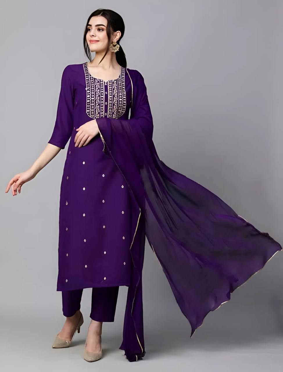 Women Embroidery Rayon Slub Kurta Set Dropshipera