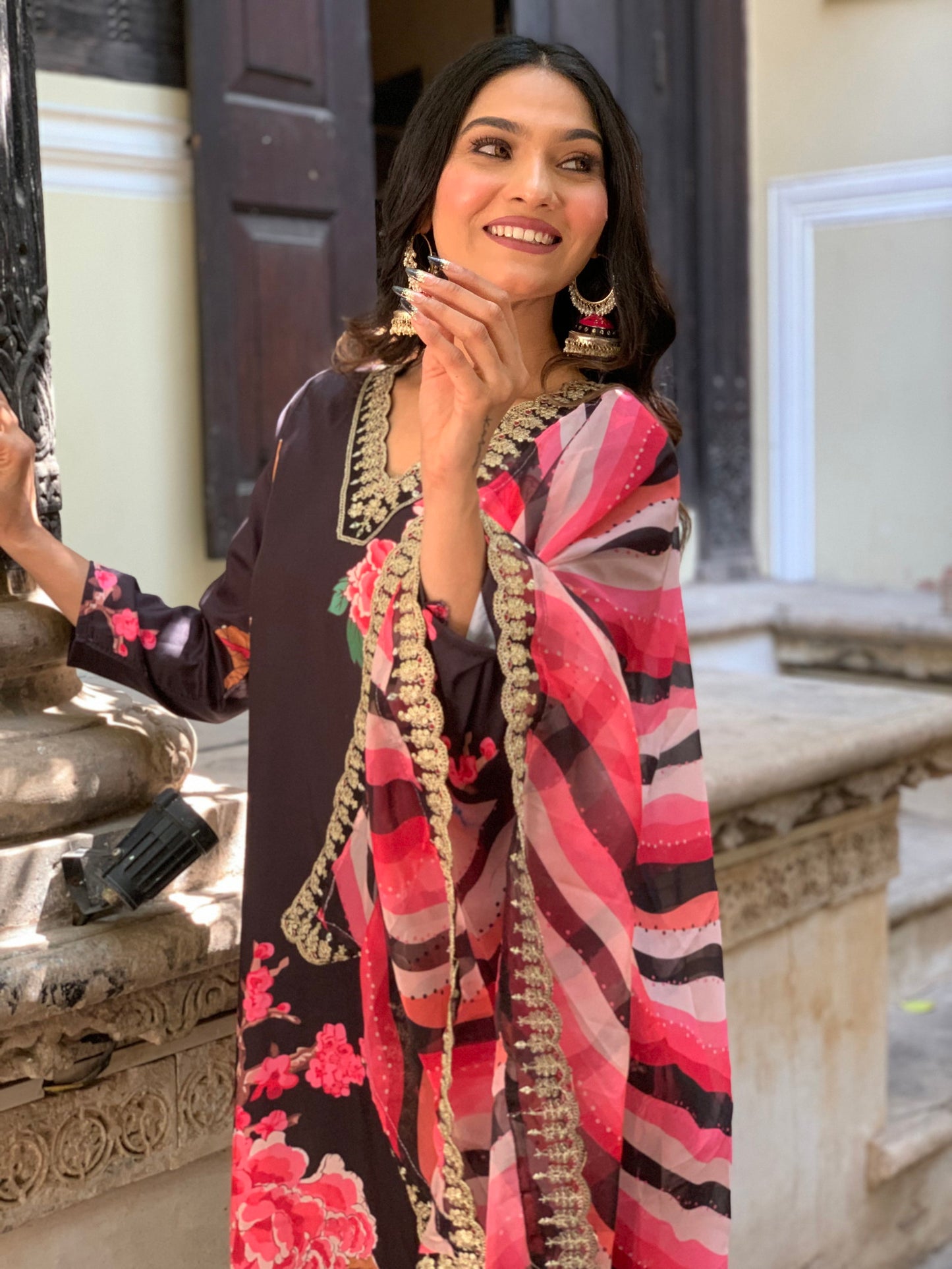 Designer Floral Kurta Set with Bottom and Dupatta Dropshipera