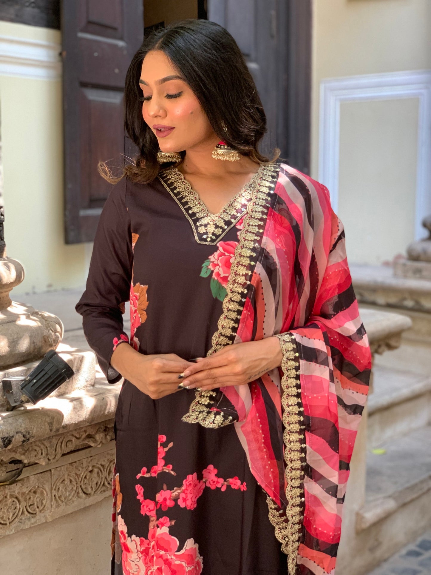Designer Floral Kurta Set with Bottom and Dupatta Dropshipera