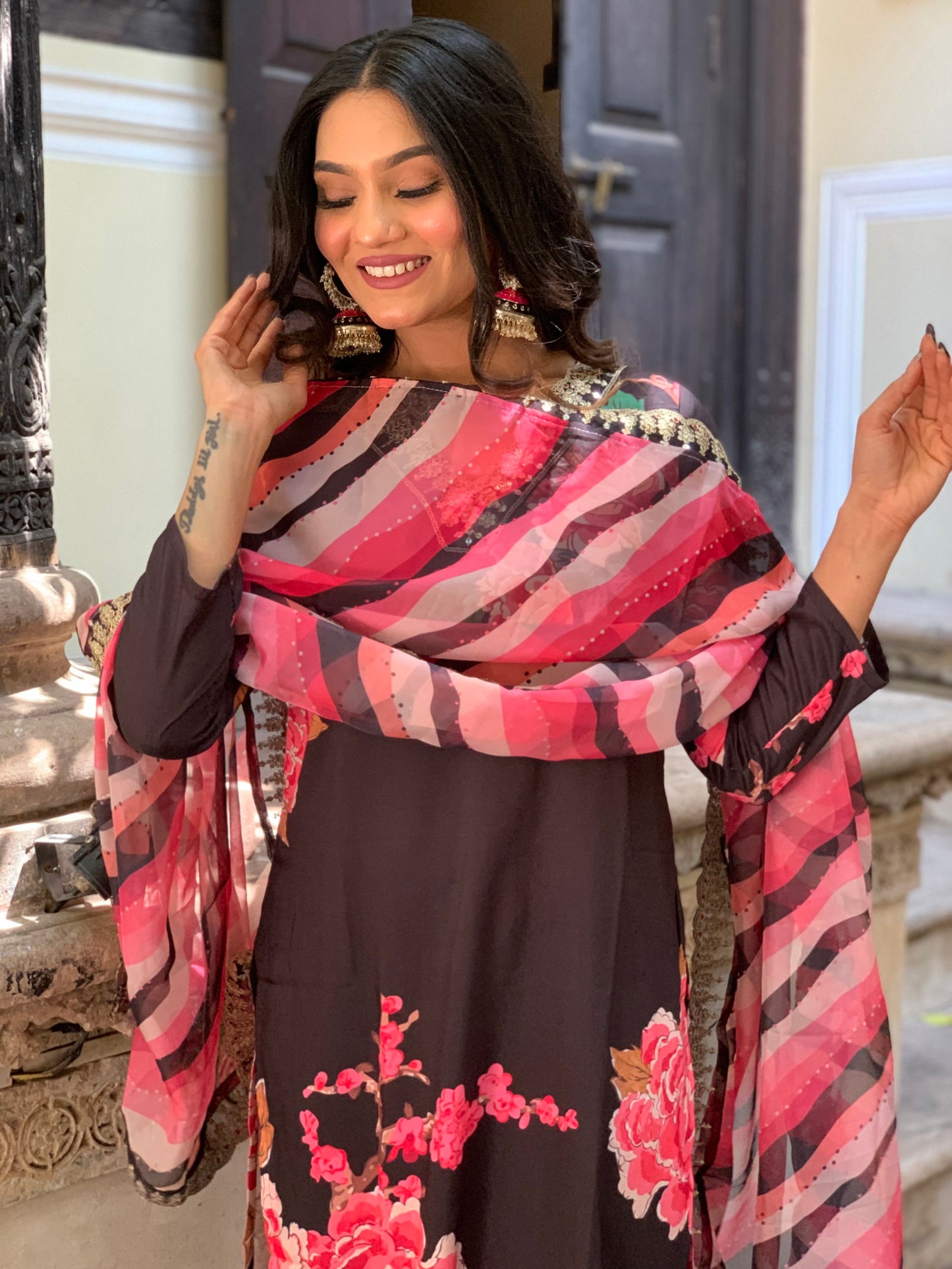 Designer Floral Kurta Set with Bottom and Dupatta Dropshipera