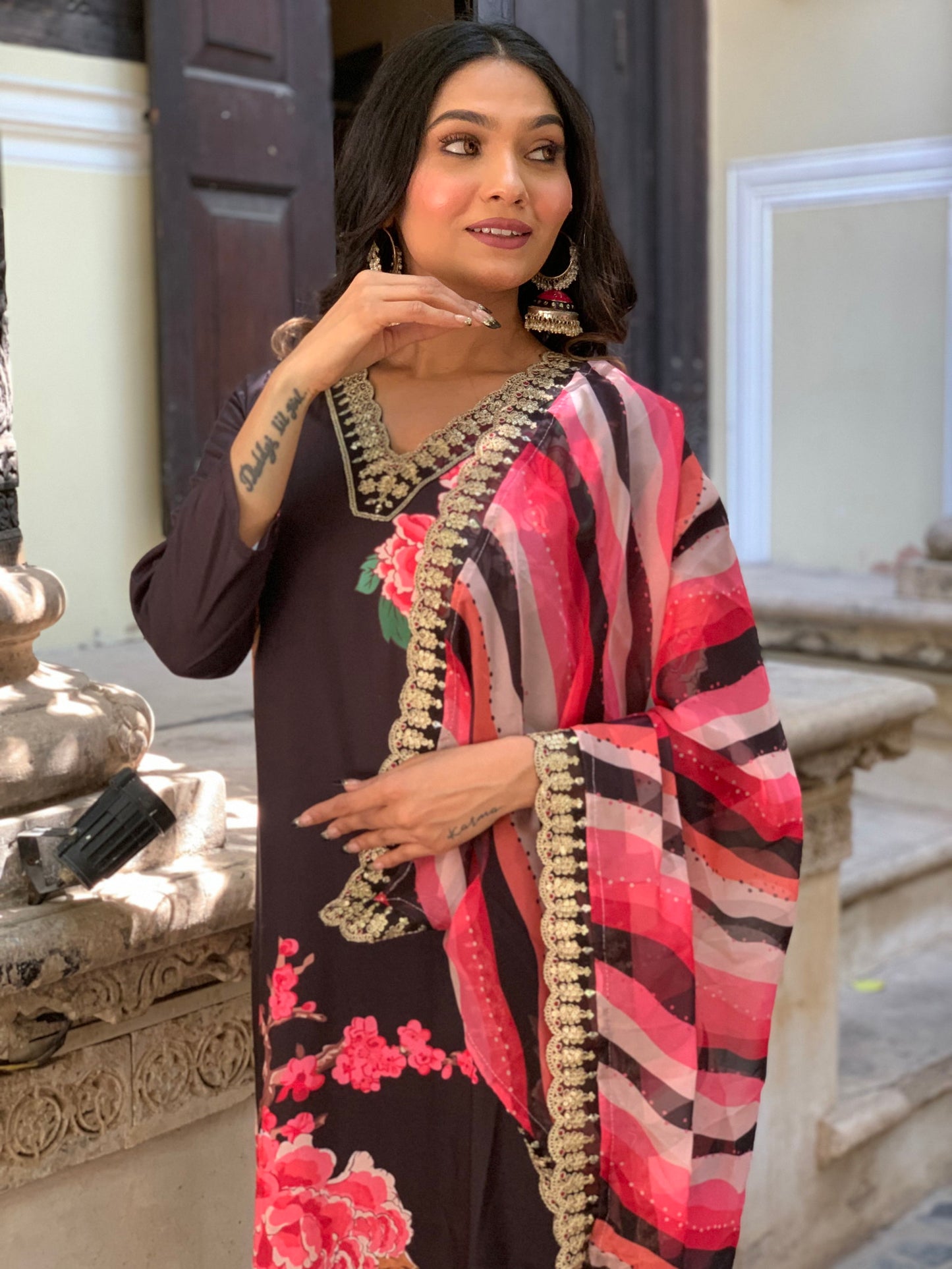 Designer Floral Kurta Set with Bottom and Dupatta Dropshipera