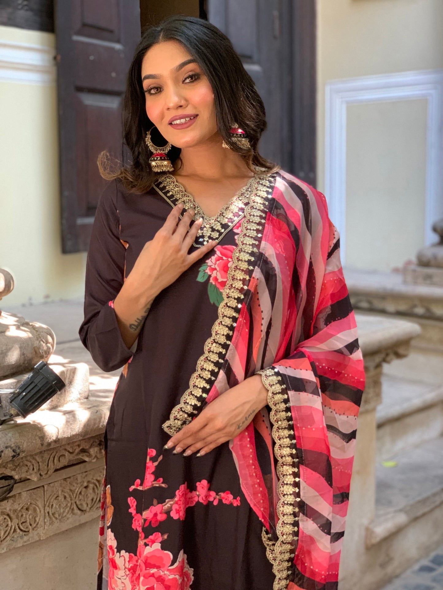 Designer Floral Kurta Set with Bottom and Dupatta Dropshipera