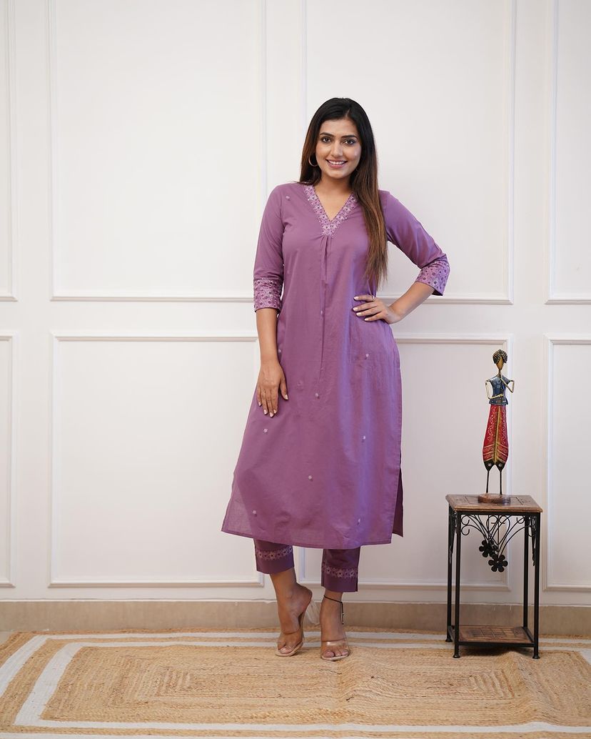 Women Embroidered Rayon Slub Straight Kurta With Pant Dropshipera