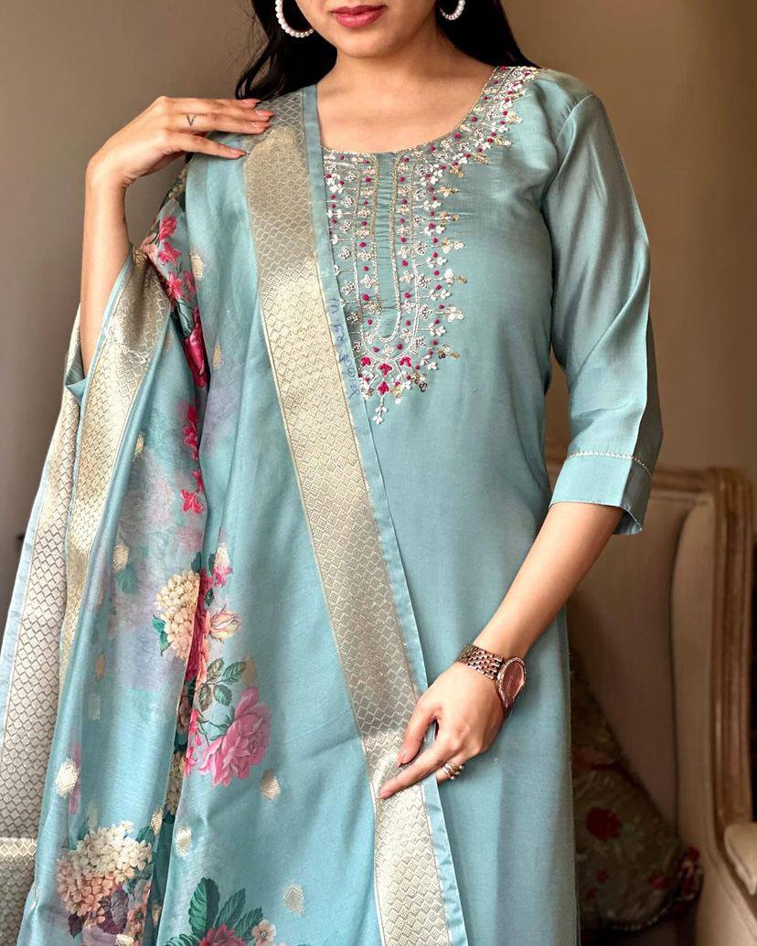 New Catalog Design Kurta Set With Embroidery Chanderi Work Dropshipera