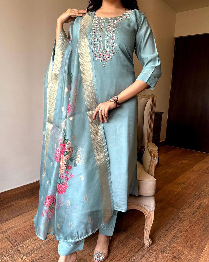New Catalog Design Kurta Set With Embroidery Chanderi Work Dropshipera