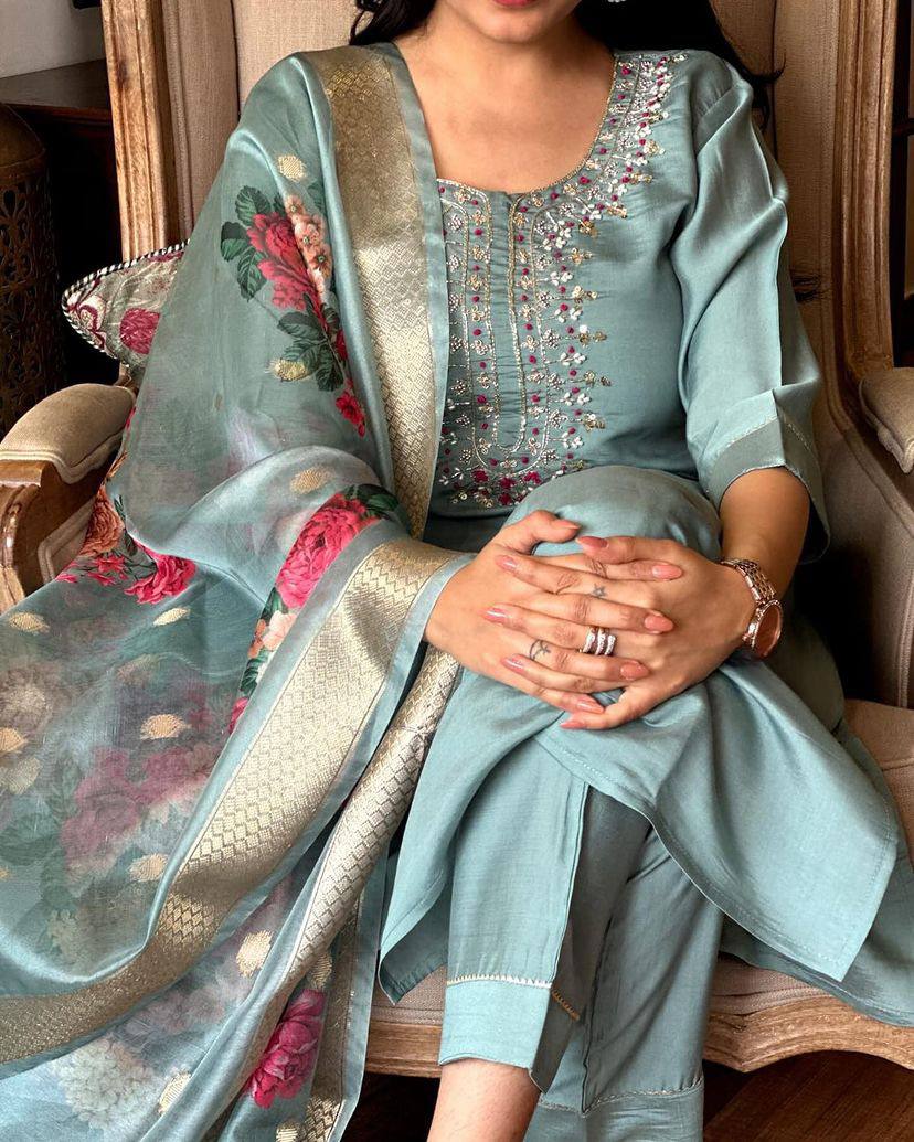 New Catalog Design Kurta Set With Embroidery Chanderi Work Dropshipera