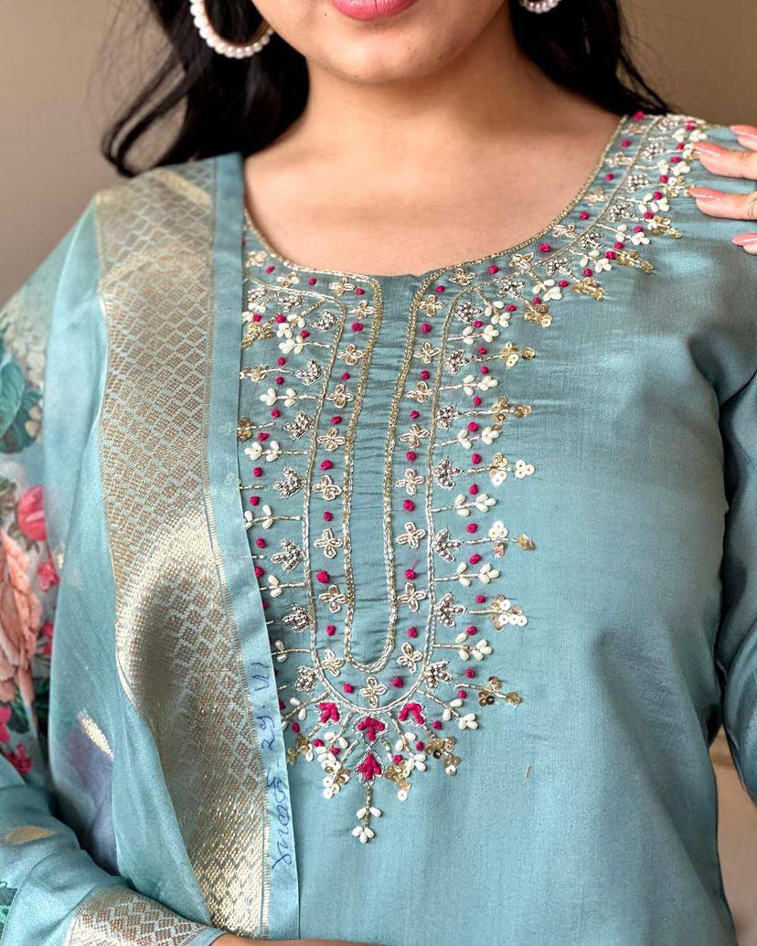 New Catalog Design Kurta Set With Embroidery Chanderi Work Dropshipera