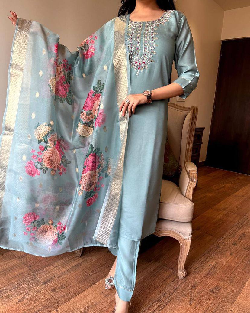New Catalog Design Kurta Set With Embroidery Chanderi Work Dropshipera