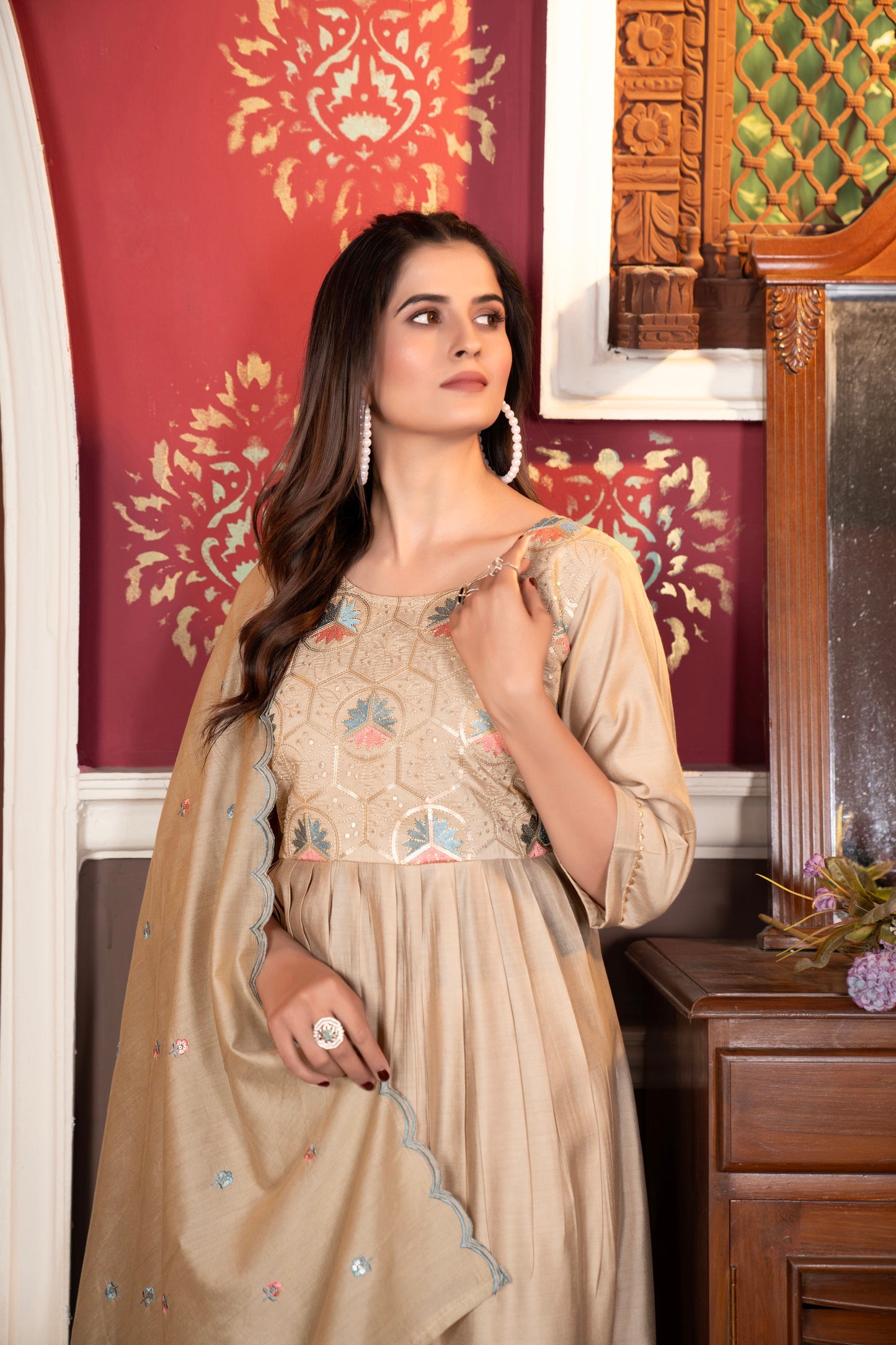 Women's Viscous Rayon Flared Kurta With Pant And Cut Work Dupatta Dropshipera