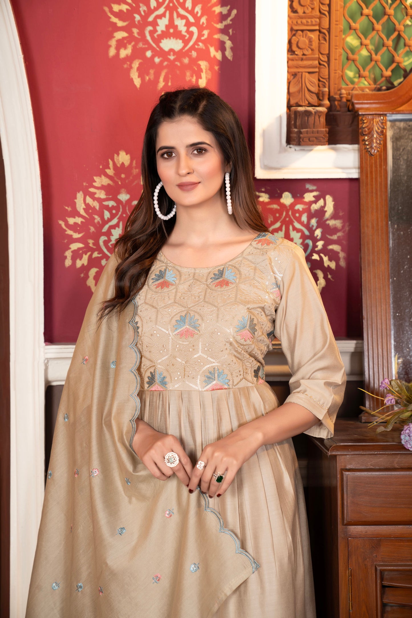 Women's Viscous Rayon Flared Kurta With Pant And Cut Work Dupatta Dropshipera