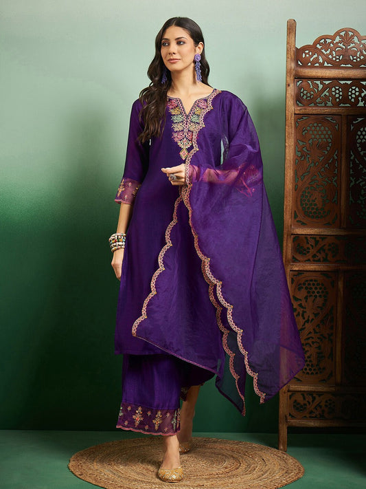 Party Wear Women's  Chanderi Kurta With Bottom And Dupatta Set Dropshipera