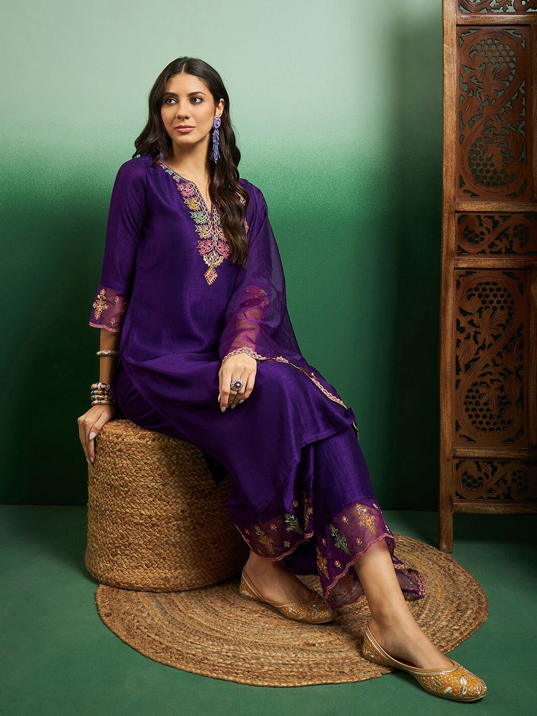 Party Wear Women's  Chanderi Kurta With Bottom And Dupatta Set Dropshipera