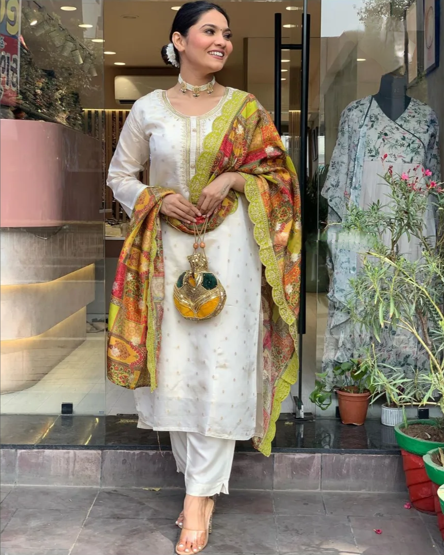 Designer Pure Viscose Jacquard Kurta With Pant And Heavy Dupatta Dropshipera