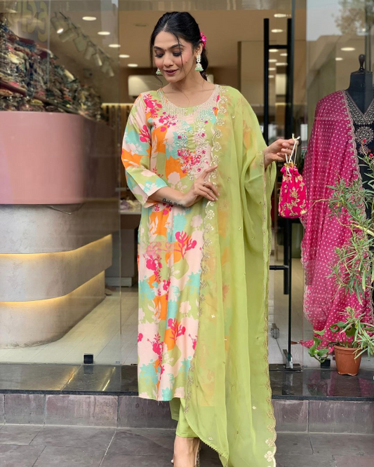 Party Wear Floral Printed Women's Embroidery  Kurta With Bottom And Beautiful Dupatta Set Dropshipera