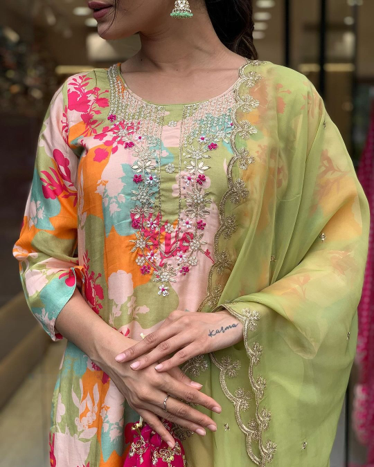 Party Wear Floral Printed Women's Embroidery  Kurta With Bottom And Beautiful Dupatta Set Dropshipera