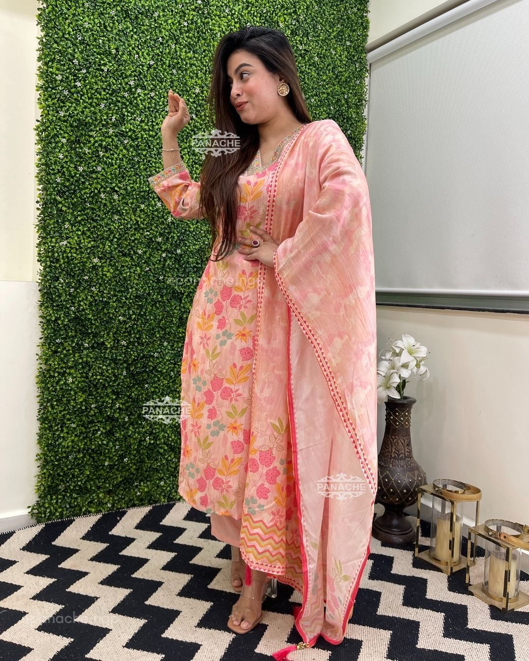 Women Floral Printed Kurta With Pant And Chanderi Dupata Set Dropshipera