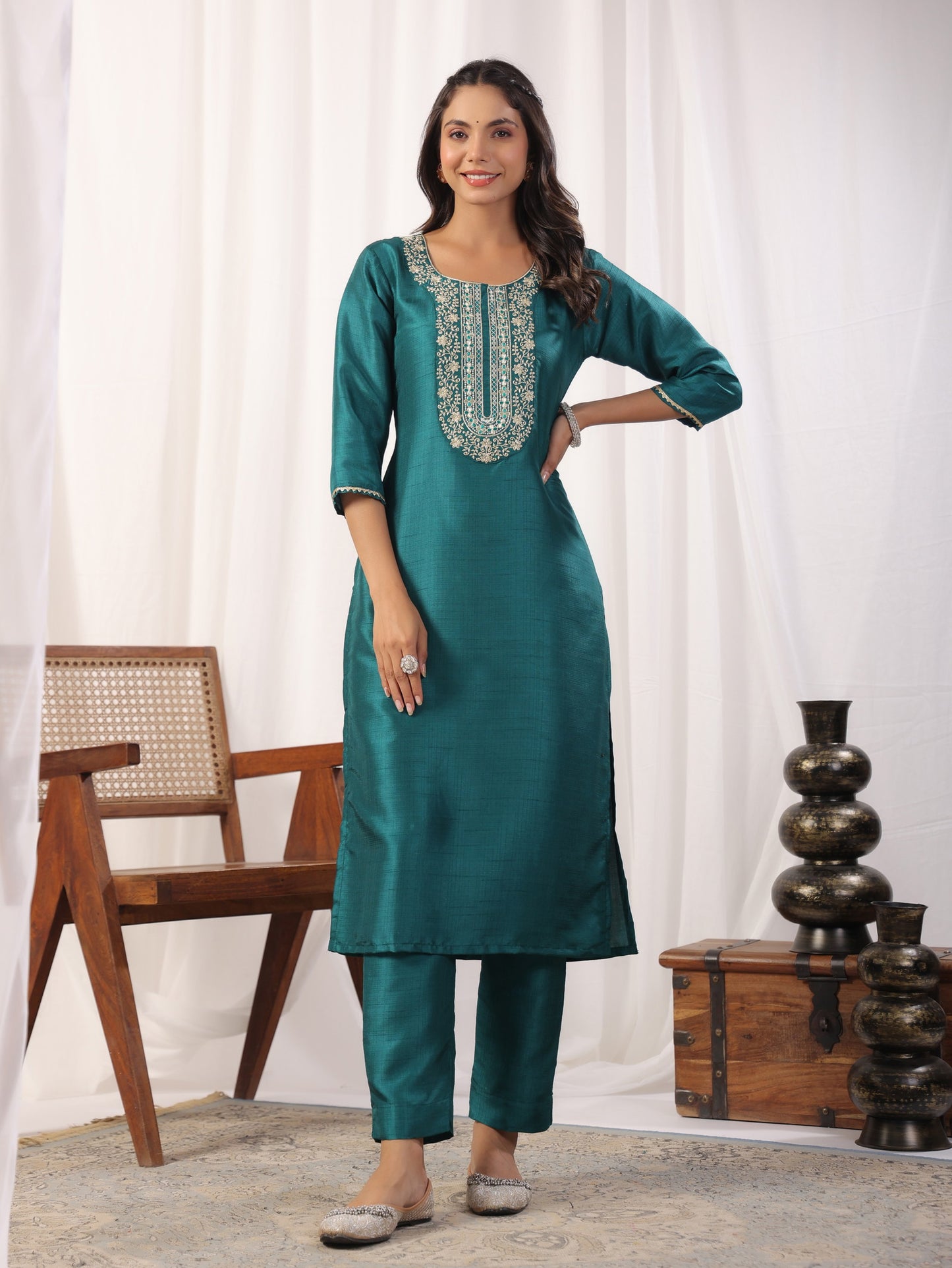 Teal Embroidered Straight Kurta Paired With Bottom and Dupatta Dropshipera