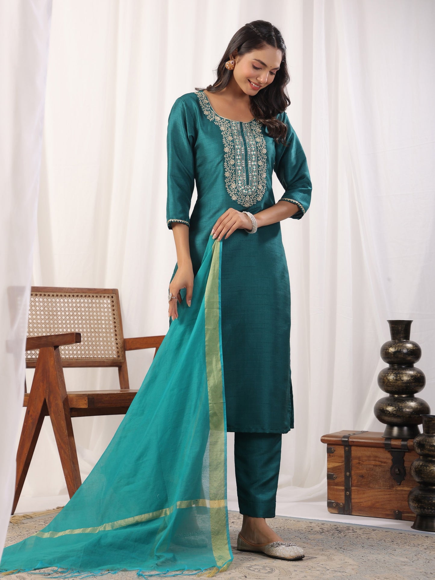 Teal Embroidered Straight Kurta Paired With Bottom and Dupatta Dropshipera
