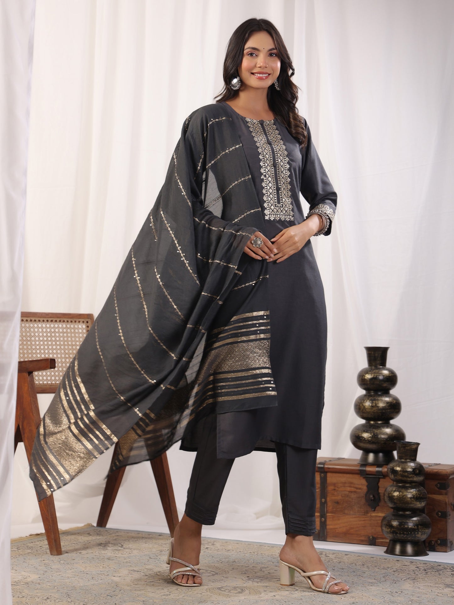Grey Embordered A Line Kurta Set With Dupatta Dropshipera