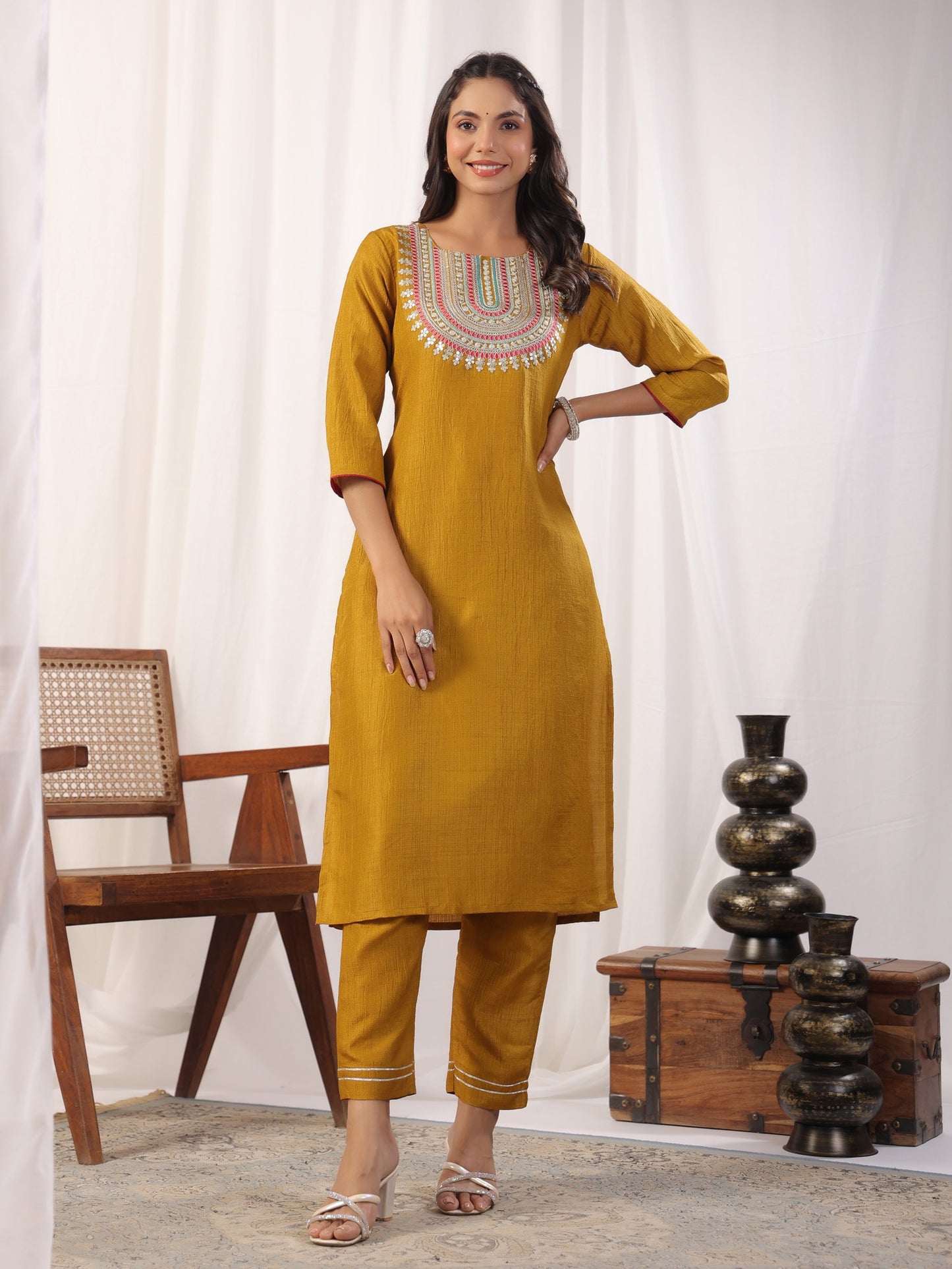 Solid Straight Round Neck Silk Kurta Pant Set With Dupatta Dropshipera