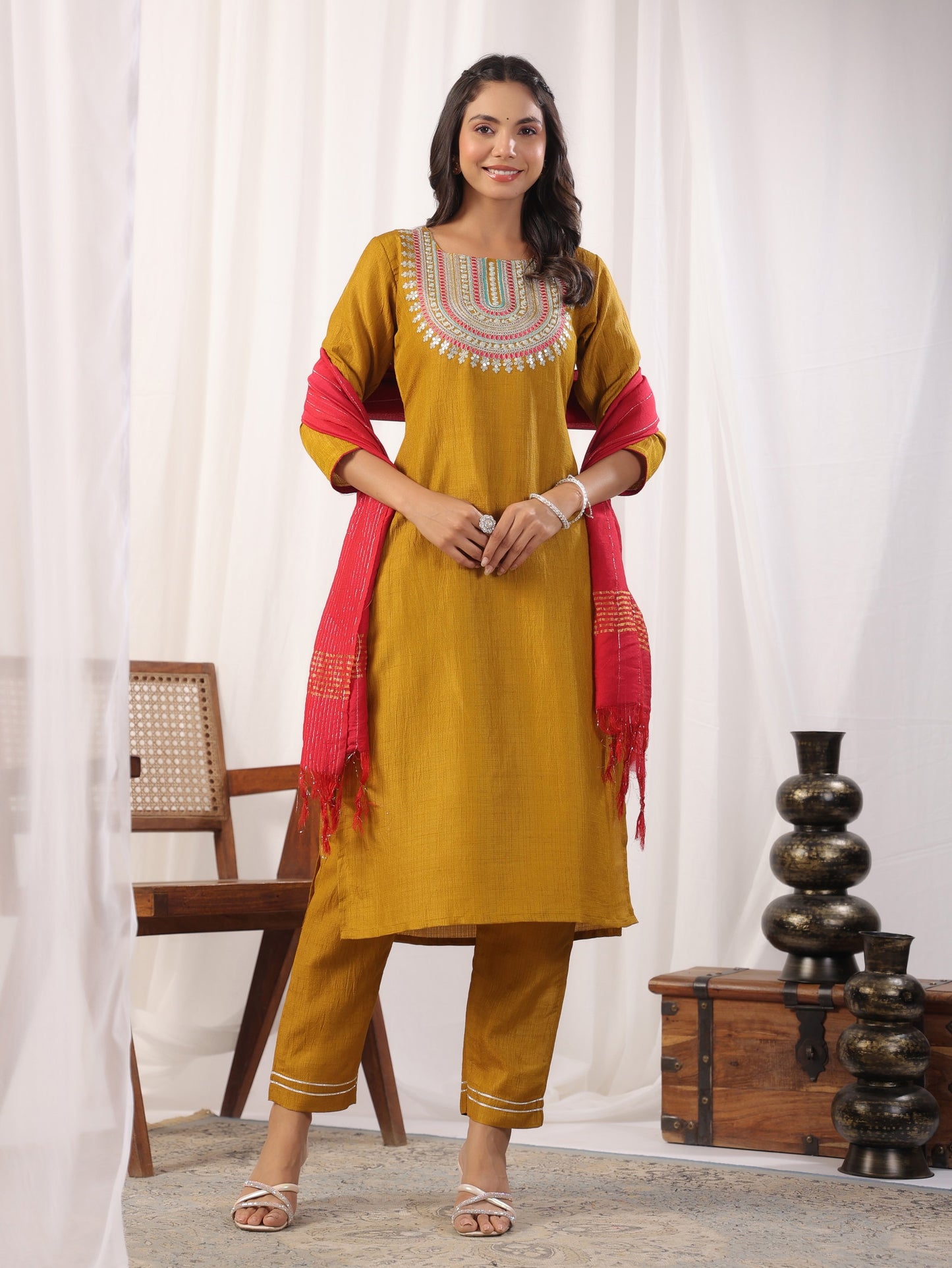 Solid Straight Round Neck Silk Kurta Pant Set With Dupatta Dropshipera