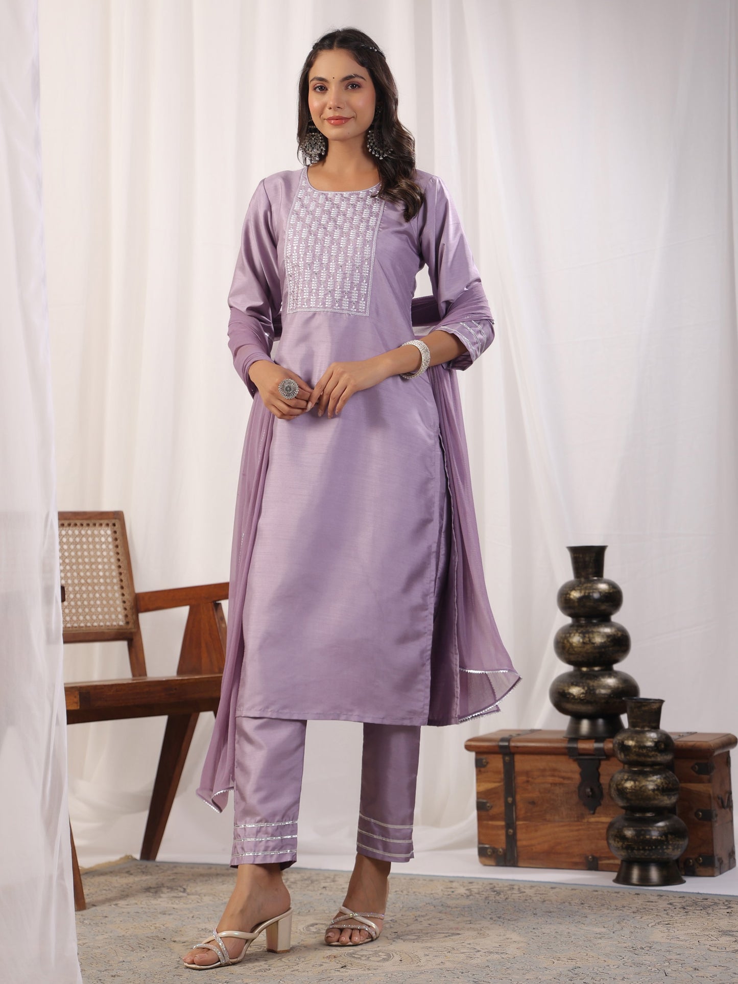Embroidered Straight Kurta with Trousers & And Dupatta Dropshipera