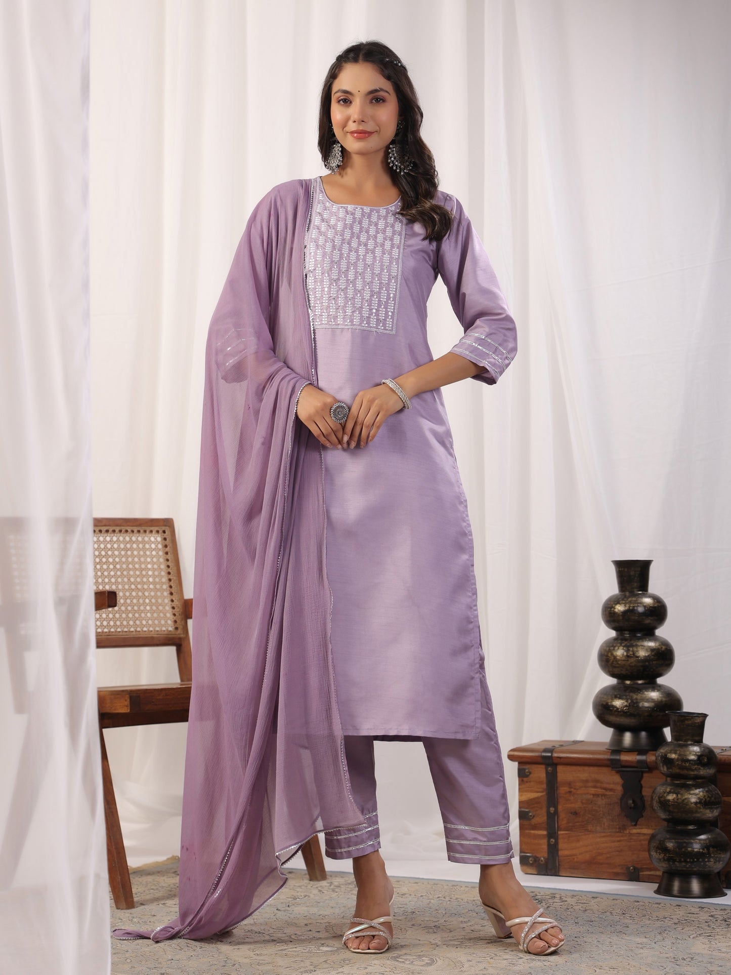 Embroidered Straight Kurta with Trousers & And Dupatta Dropshipera