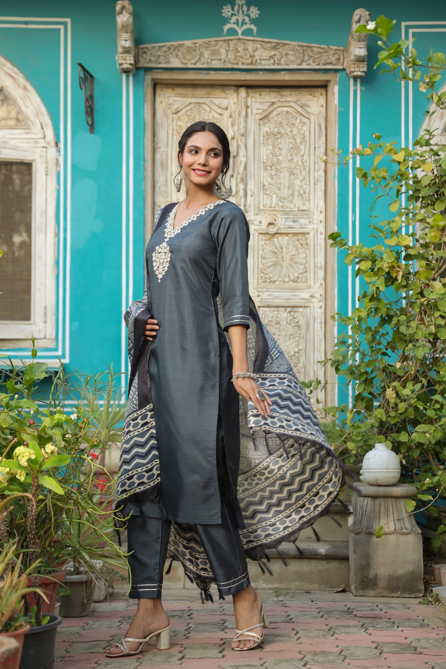 Floral Embroidered V-Neck Aari Work Straight Kurta with Trousers and Dupatta Dropshipera