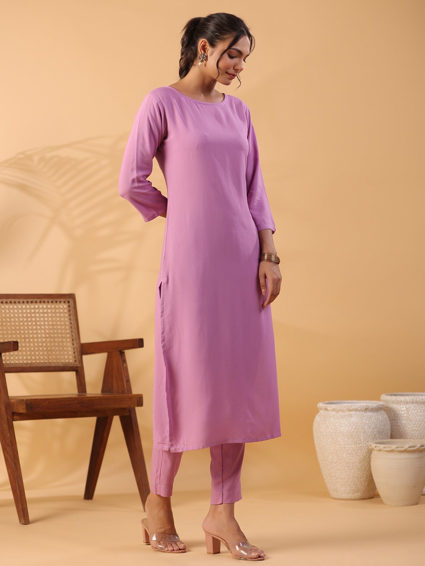 Mauve Colour Round Neck Straight Kurta With Trouser Dropshipera