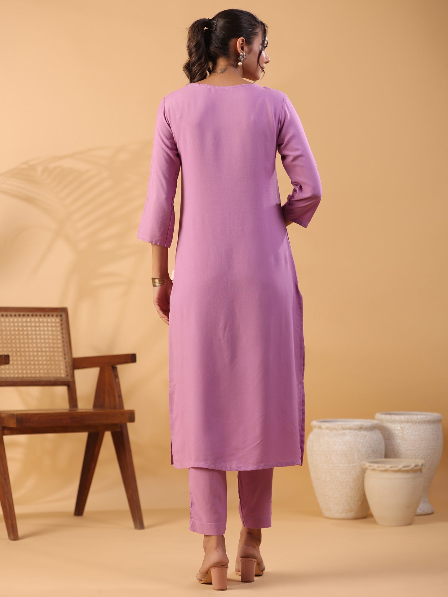 Mauve Colour Round Neck Straight Kurta With Trouser Dropshipera