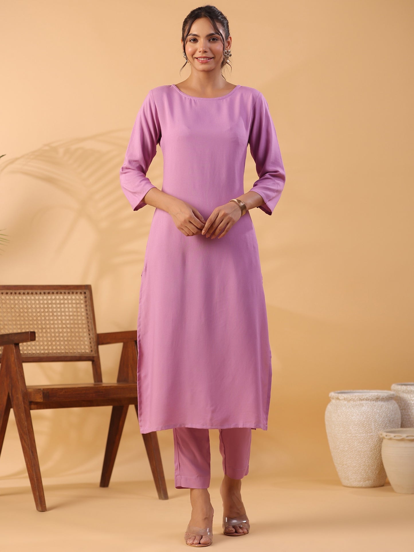 Mauve Colour Round Neck Straight Kurta With Trouser Dropshipera