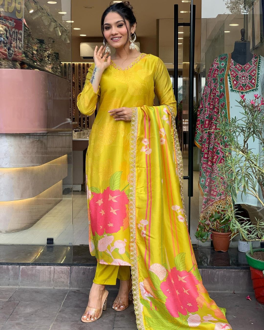 Yellow Beautiful and Simple Straight Kurta Set with Bottom and Dupatta Dropshipera