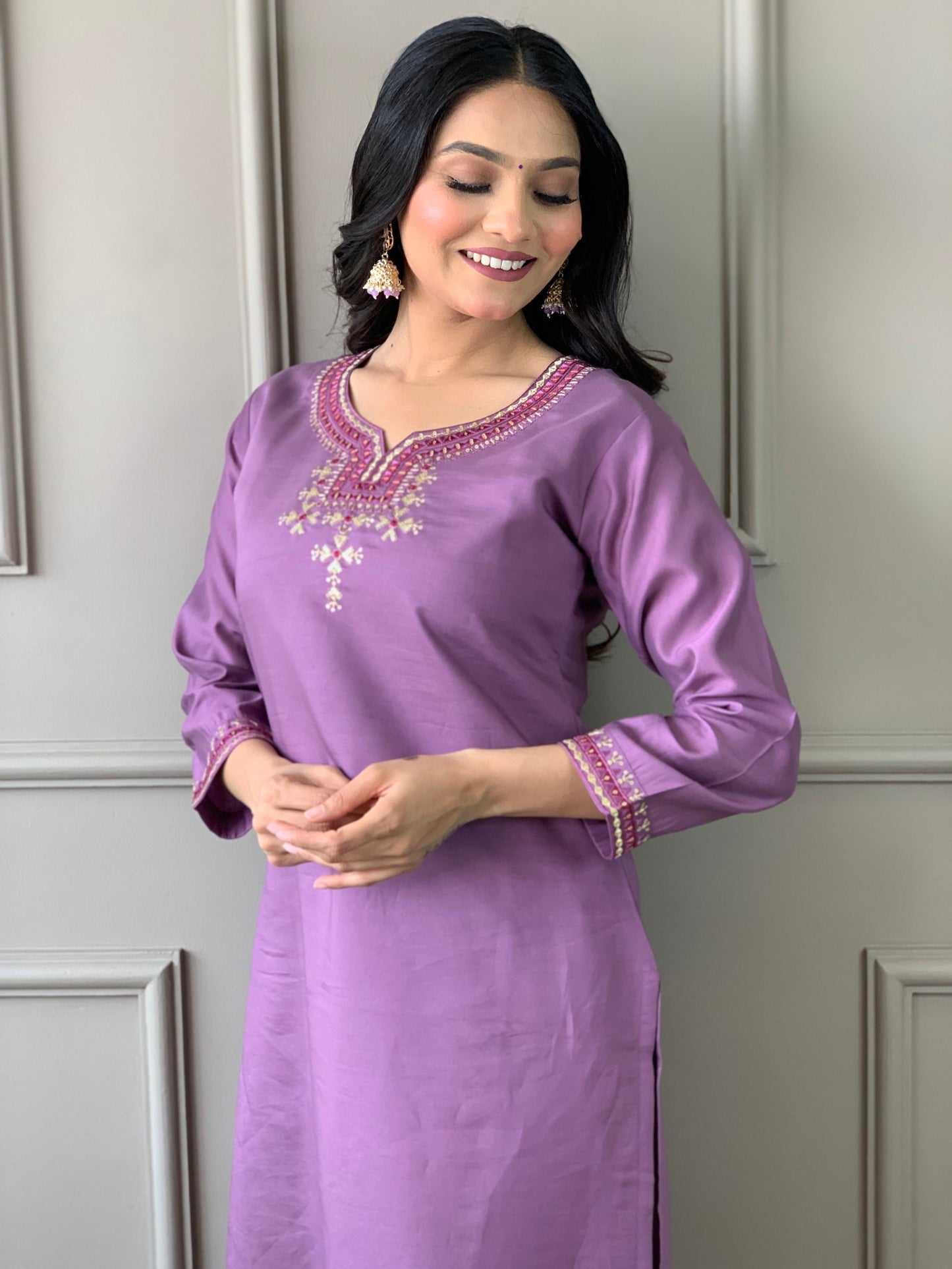 Luxurious Chanderi Silk Purple Kurta Set with Bottom and Dupatta Dropshipera