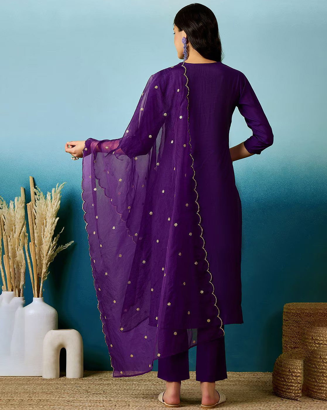 Embroidered V-Neck Straight Kurta with Pants and Dupatta Dropshipera