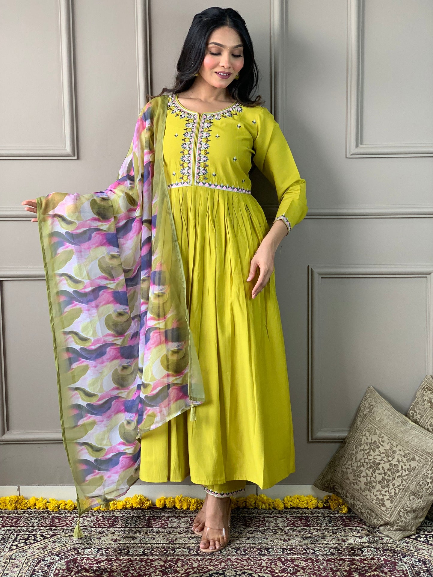 Lemon Yellow Viscose Chanderi Kurta with bottom and dupatta Dropshipera