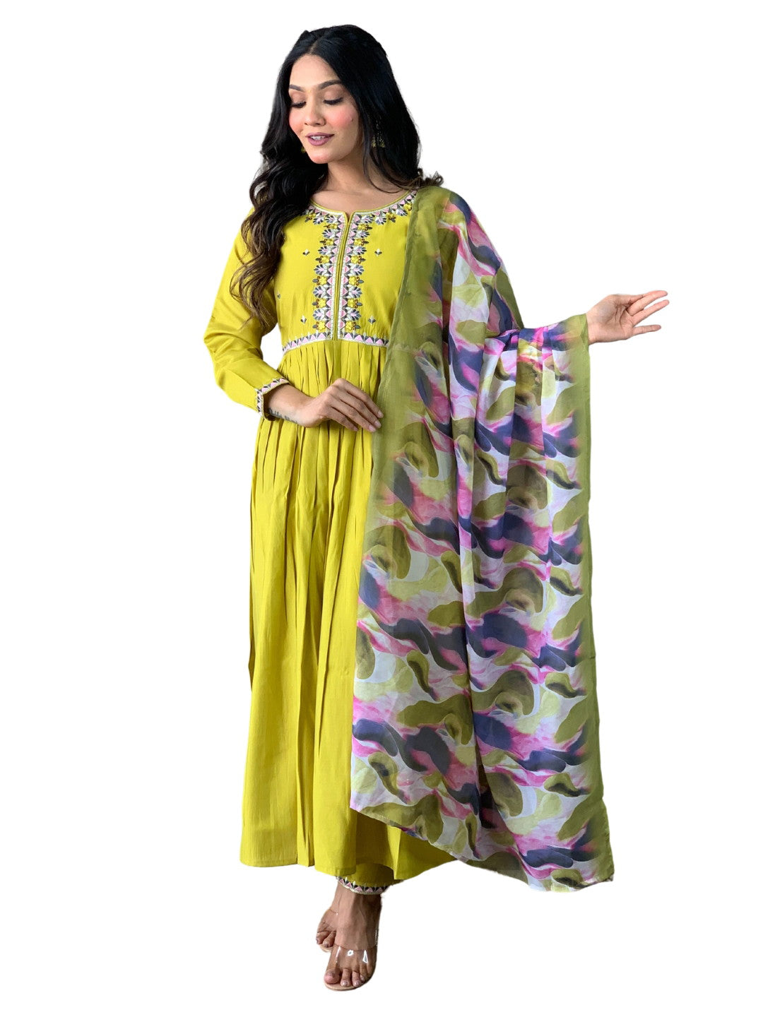 Lemon Yellow Viscose Chanderi Kurta with bottom and dupatta Dropshipera