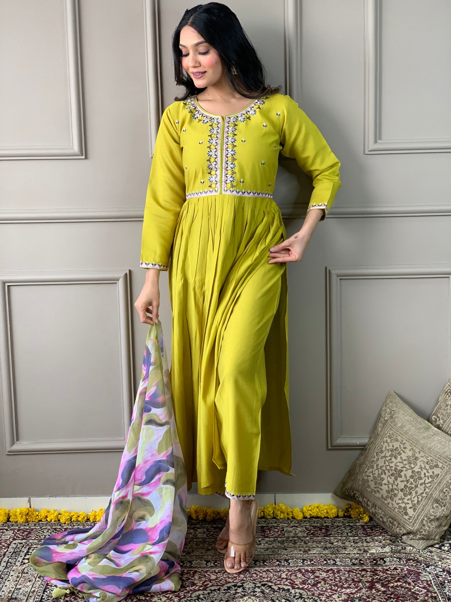 Lemon Yellow Viscose Chanderi Kurta with bottom and dupatta Dropshipera