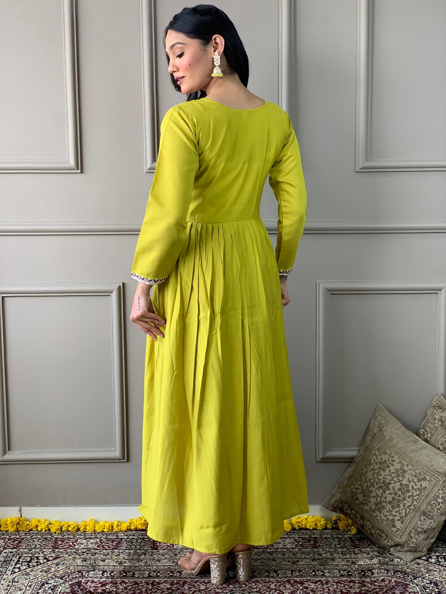 Lemon Yellow Viscose Chanderi Kurta with bottom and dupatta Dropshipera