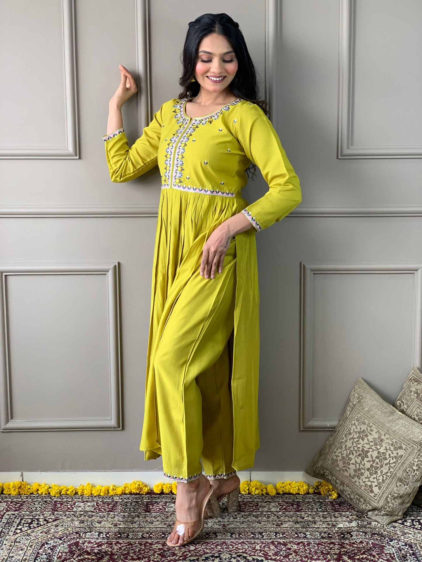 Lemon Yellow Viscose Chanderi Kurta with bottom and dupatta Dropshipera
