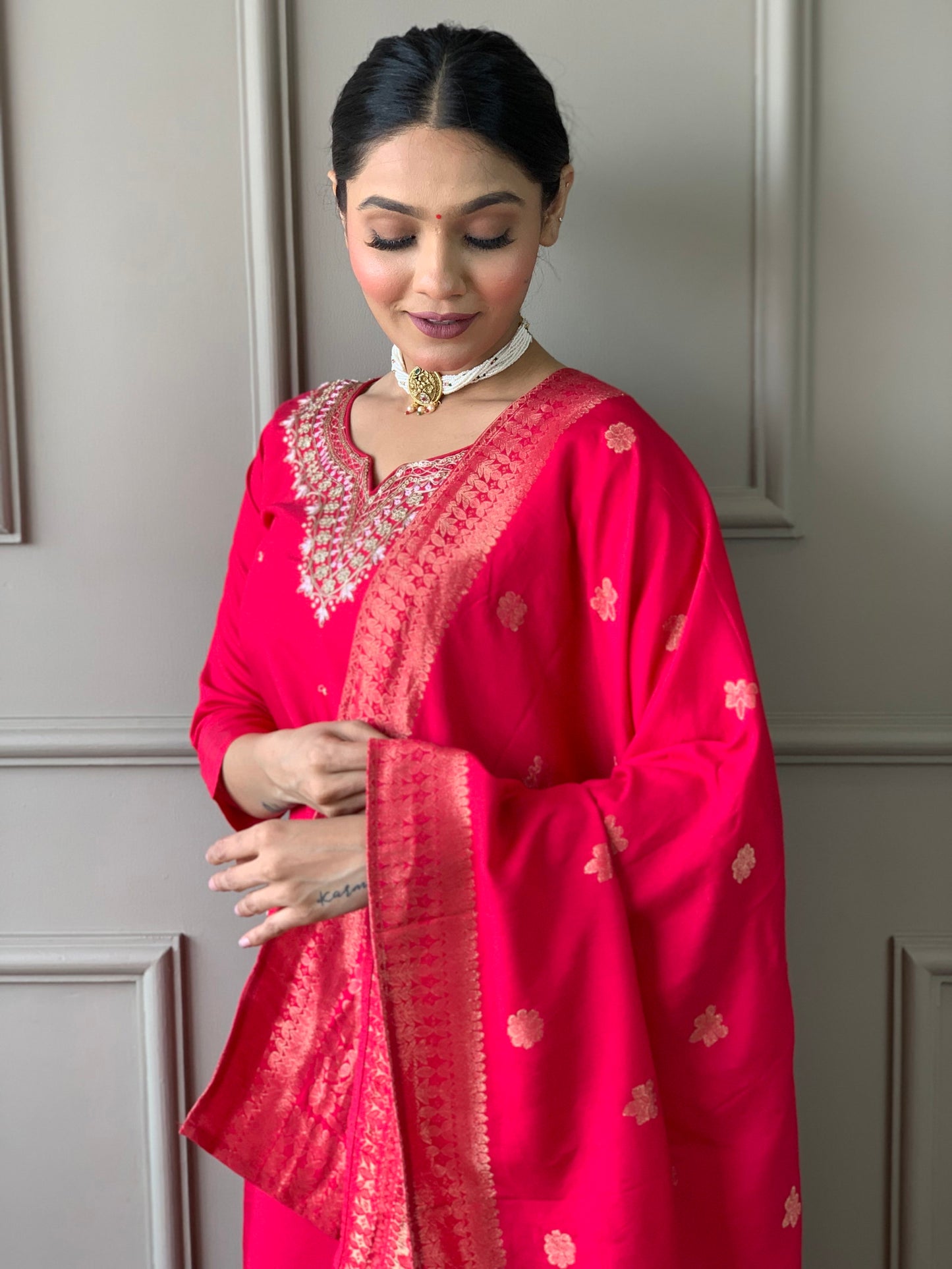 Beautiful Pink Viscose Chanderi Kurta Set with Bottom Wear and Dupatta Dropshipera