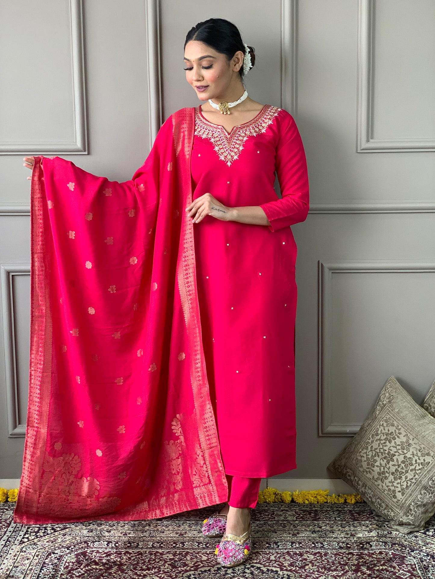 Beautiful Pink Viscose Chanderi Kurta Set with Bottom Wear and Dupatta Dropshipera