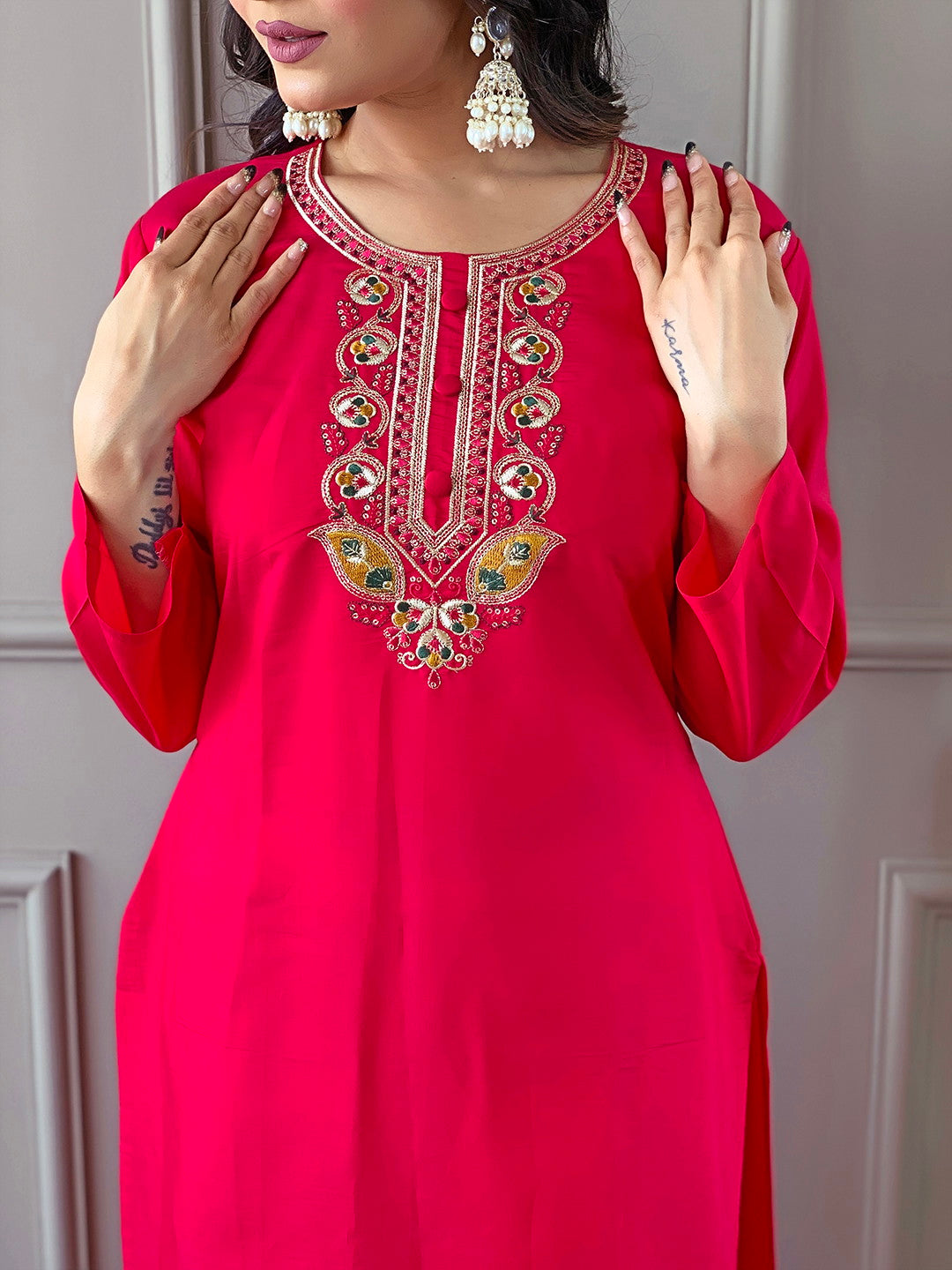 Beautiful Pink Viscose Chanderi Kurta Set with Bottom Wear and Dupatta Dropshipera