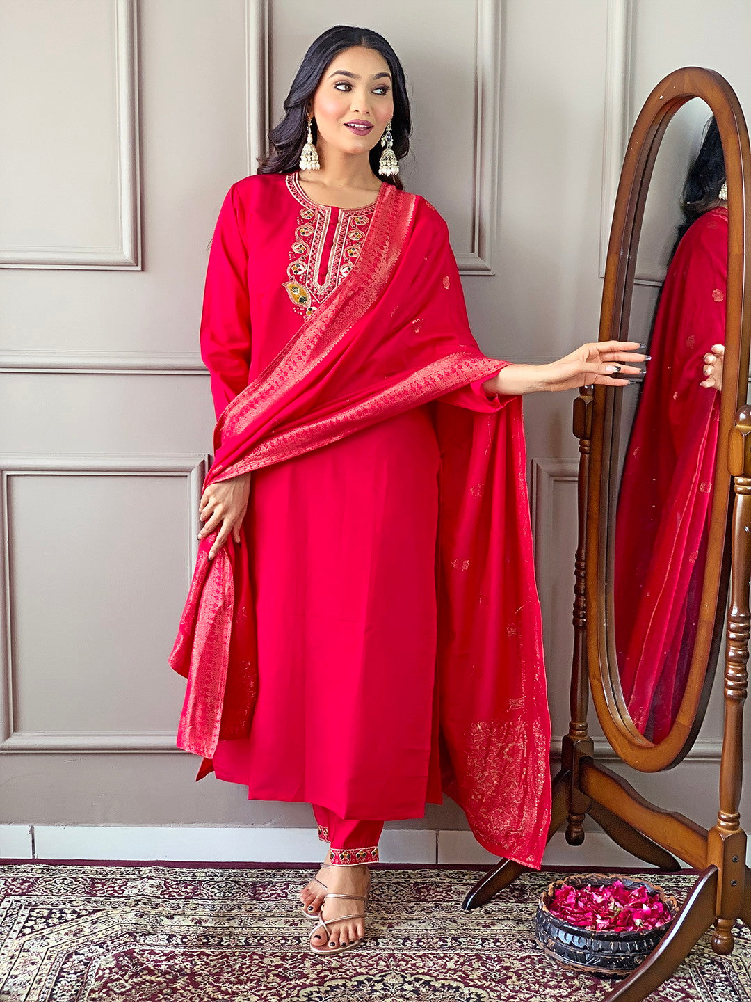 Beautiful Pink Viscose Chanderi Kurta Set with Bottom Wear and Dupatta Dropshipera